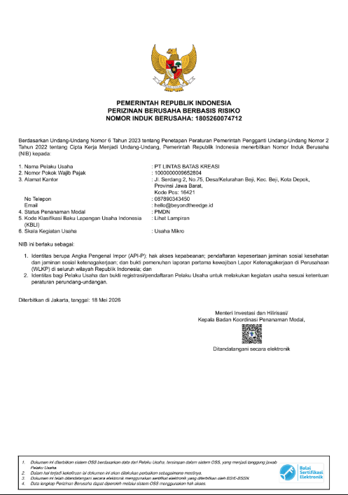 Dokumen Perizinan Berusaha Berbasis Risiko PT Lintas Batas Kreasi, NIB 1805260074712